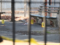 Evidence markers indicate where blood and other evidence is found after a 21-year-old man is fatally stabbed at Steuben Park in Brooklyn, Ne...