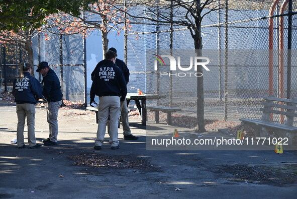 Evidence markers indicate where blood and other evidence is found after a 21-year-old man is fatally stabbed at Steuben Park in Brooklyn, Ne...