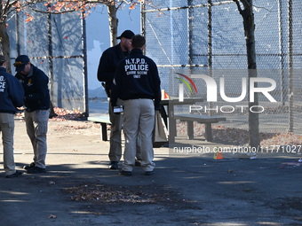 Evidence markers indicate where blood and other evidence is found after a 21-year-old man is fatally stabbed at Steuben Park in Brooklyn, Ne...