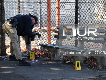 Evidence markers indicate where blood and other evidence is found after a 21-year-old man is fatally stabbed at Steuben Park in Brooklyn, Ne...