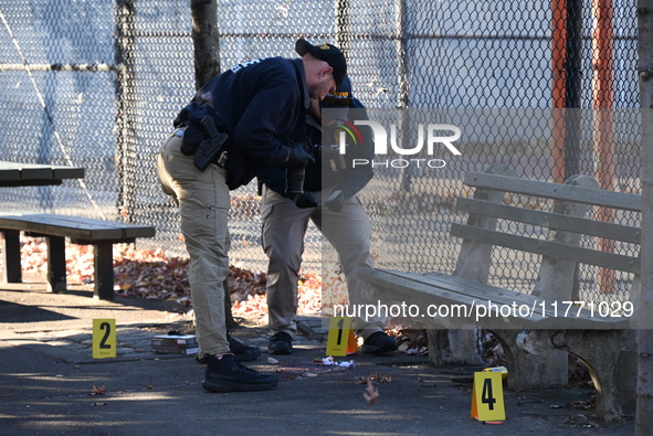 Evidence markers indicate where blood and other evidence is found after a 21-year-old man is fatally stabbed at Steuben Park in Brooklyn, Ne...