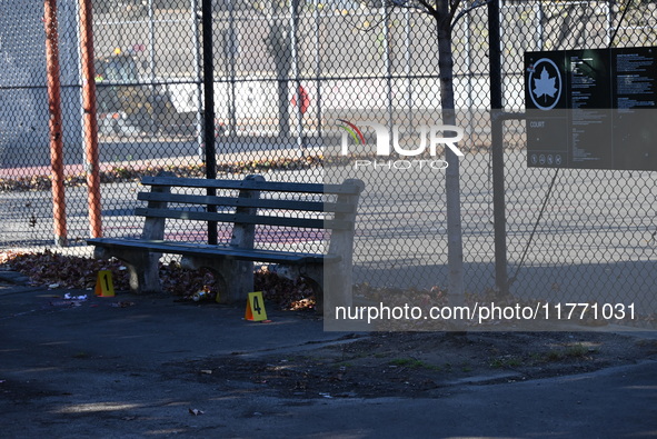 Evidence markers indicate where blood and other evidence is found after a 21-year-old man is fatally stabbed at Steuben Park in Brooklyn, Ne...