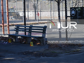 Evidence markers indicate where blood and other evidence is found after a 21-year-old man is fatally stabbed at Steuben Park in Brooklyn, Ne...