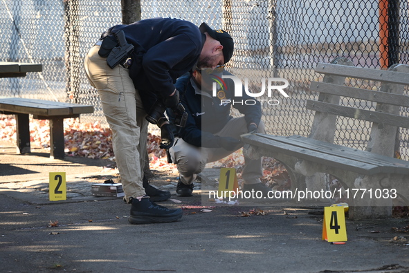 Evidence markers indicate where blood and other evidence is found after a 21-year-old man is fatally stabbed at Steuben Park in Brooklyn, Ne...