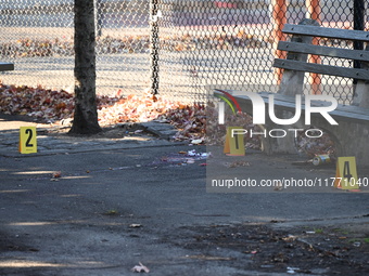 Evidence markers indicate where blood and other evidence is found after a 21-year-old man is fatally stabbed at Steuben Park in Brooklyn, Ne...