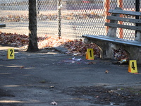 Evidence markers indicate where blood and other evidence is found after a 21-year-old man is fatally stabbed at Steuben Park in Brooklyn, Ne...