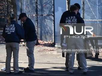 Evidence markers indicate where blood and other evidence is found after a 21-year-old man is fatally stabbed at Steuben Park in Brooklyn, Ne...