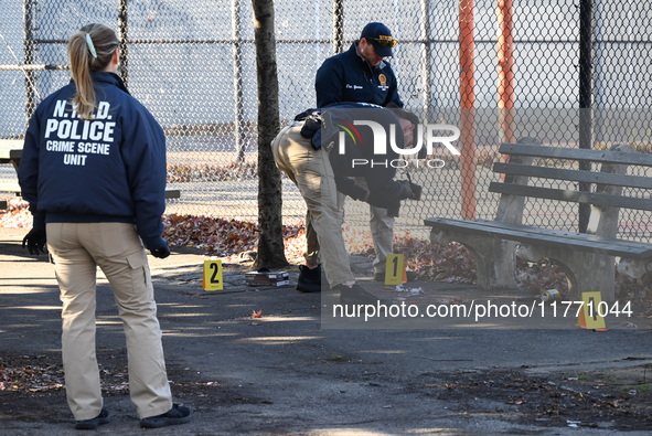 Evidence markers indicate where blood and other evidence is found after a 21-year-old man is fatally stabbed at Steuben Park in Brooklyn, Ne...