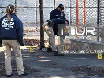 Evidence markers indicate where blood and other evidence is found after a 21-year-old man is fatally stabbed at Steuben Park in Brooklyn, Ne...