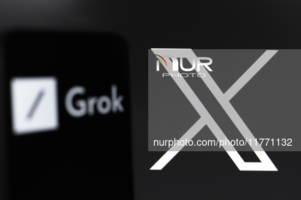 The Grok logo appears on the screen of a smartphone, and in the background, the logo of the social network X (formerly Twitter) is on the co...