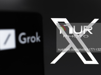 The Grok logo appears on the screen of a smartphone, and in the background, the logo of the social network X (formerly Twitter) is on the co...