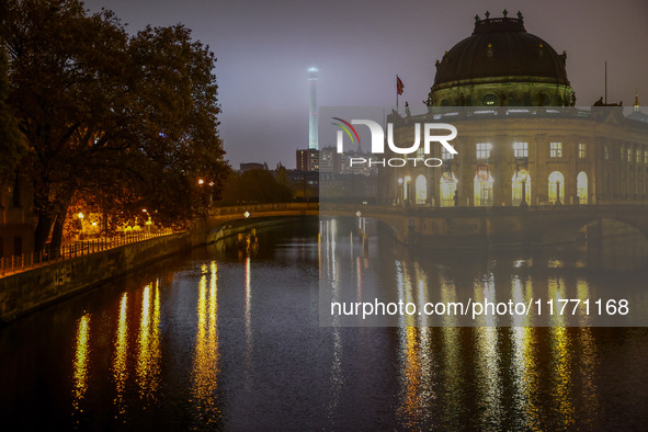 Evening view on Sprewa River, Bode Museum and Berlin TV Tower in Berlin, Germany on November 9th, 2024. 