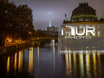 Evening view on Sprewa River, Bode Museum and Berlin TV Tower in Berlin, Germany on November 9th, 2024. (