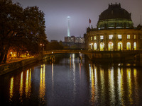 Evening view on Sprewa River, Bode Museum and Berlin TV Tower in Berlin, Germany on November 9th, 2024. (