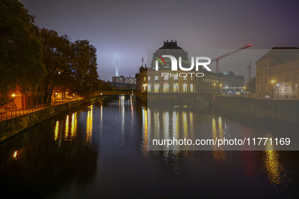 Evening view on Sprewa River, Bode Museum and Berlin TV Tower in Berlin, Germany on November 9th, 2024. 