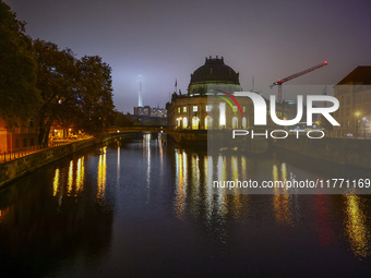 Evening view on Sprewa River, Bode Museum and Berlin TV Tower in Berlin, Germany on November 9th, 2024. (