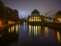 Evening view on Sprewa River, Bode Museum and Berlin TV Tower in Berlin, Germany on November 9th, 2024. (