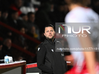 Manager Mark Bonner (Manager of Gillingham) looks on during the EFL Trophy match between Stevenage and Gillingham at the Lamex Stadium in St...