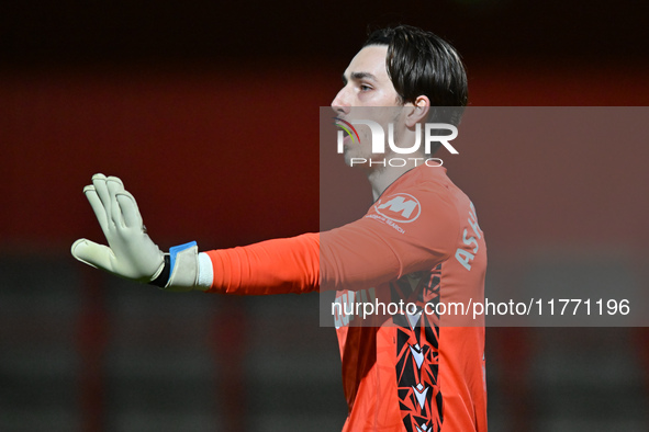 Goalkeeper Ashby Hammond (13 Gillingham) gestures during the EFL Trophy match between Stevenage and Gillingham at the Lamex Stadium in Steve...