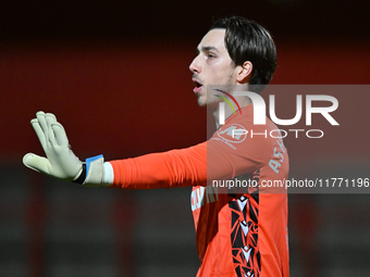 Goalkeeper Ashby Hammond (13 Gillingham) gestures during the EFL Trophy match between Stevenage and Gillingham at the Lamex Stadium in Steve...