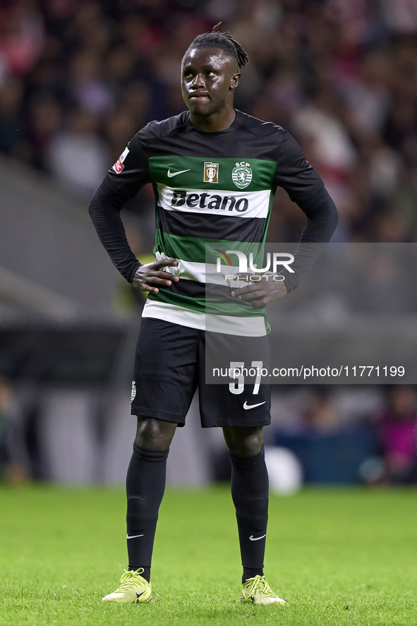 Geovany Quenda of Sporting CP reacts during the Liga Portugal Betclic match between SC Braga and Sporting CP at Estadio Municipal de Braga i...