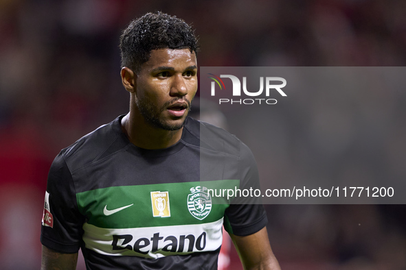 Matheus Reis of Sporting CP reacts during the Liga Portugal Betclic match between SC Braga and Sporting CP at Estadio Municipal de Braga in...