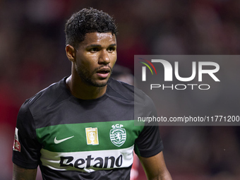 Matheus Reis of Sporting CP reacts during the Liga Portugal Betclic match between SC Braga and Sporting CP at Estadio Municipal de Braga in...