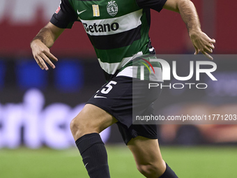 Goncalo Inacio of Sporting CP is in action during the Liga Portugal Betclic match between SC Braga and Sporting CP at Estadio Municipal de B...