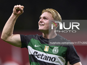 Conrad Harder of Sporting CP celebrates victory after the Liga Portugal Betclic match between SC Braga and Sporting CP at Estadio Municipal...