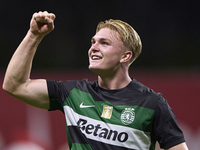 Conrad Harder of Sporting CP celebrates victory after the Liga Portugal Betclic match between SC Braga and Sporting CP at Estadio Municipal...