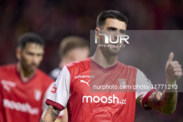 Joao Ferreira of SC Braga reacts during the Liga Portugal Betclic match between SC Braga and Sporting CP at Estadio Municipal de Braga in Br...