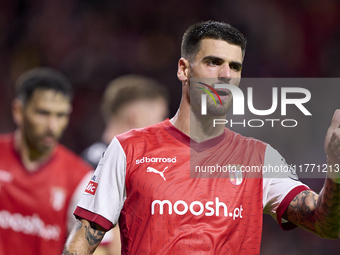 Joao Ferreira of SC Braga reacts during the Liga Portugal Betclic match between SC Braga and Sporting CP at Estadio Municipal de Braga in Br...