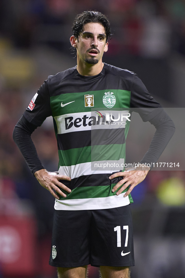 Francisco Trincao of Sporting CP reacts during the Liga Portugal Betclic match between SC Braga and Sporting CP at Estadio Municipal de Brag...