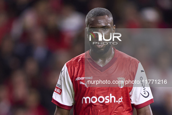 Sikou Niakate of SC Braga looks on during the Liga Portugal Betclic match between SC Braga and Sporting CP at Estadio Municipal de Braga in...