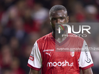 Sikou Niakate of SC Braga looks on during the Liga Portugal Betclic match between SC Braga and Sporting CP at Estadio Municipal de Braga in...