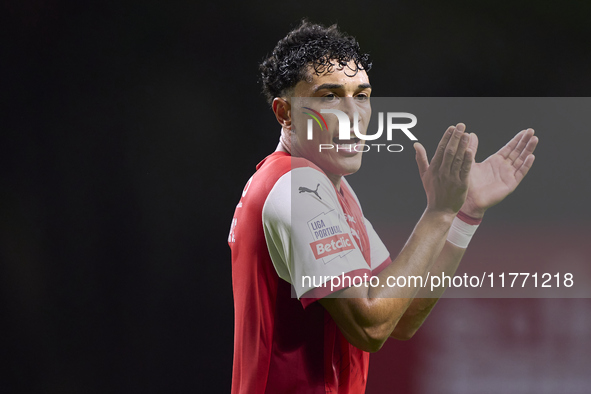 Vitor Carvalho of SC Braga reacts during the Liga Portugal Betclic match between SC Braga and Sporting CP at Estadio Municipal de Braga in B...