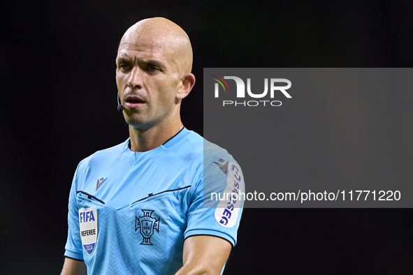 Referee Luis Godinho looks on during the Liga Portugal Betclic match between SC Braga and Sporting CP at Estadio Municipal de Braga in Braga...