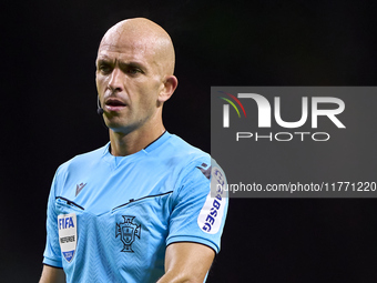 Referee Luis Godinho looks on during the Liga Portugal Betclic match between SC Braga and Sporting CP at Estadio Municipal de Braga in Braga...