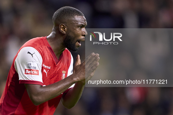 Sikou Niakate of SC Braga reacts during the Liga Portugal Betclic match between SC Braga and Sporting CP at Estadio Municipal de Braga in Br...