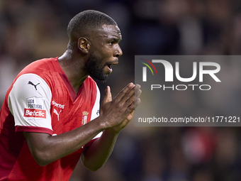 Sikou Niakate of SC Braga reacts during the Liga Portugal Betclic match between SC Braga and Sporting CP at Estadio Municipal de Braga in Br...