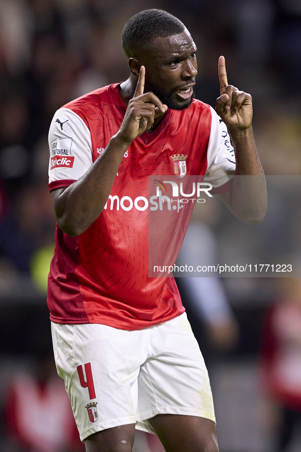 Sikou Niakate of SC Braga reacts during the Liga Portugal Betclic match between SC Braga and Sporting CP at Estadio Municipal de Braga in Br...