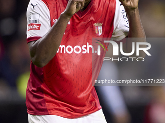 Sikou Niakate of SC Braga reacts during the Liga Portugal Betclic match between SC Braga and Sporting CP at Estadio Municipal de Braga in Br...