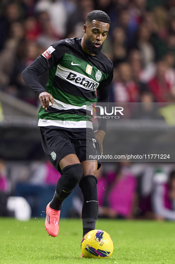 Jeremiah St. Juste of Sporting CP is in action during the Liga Portugal Betclic match between SC Braga and Sporting CP at Estadio Municipal...