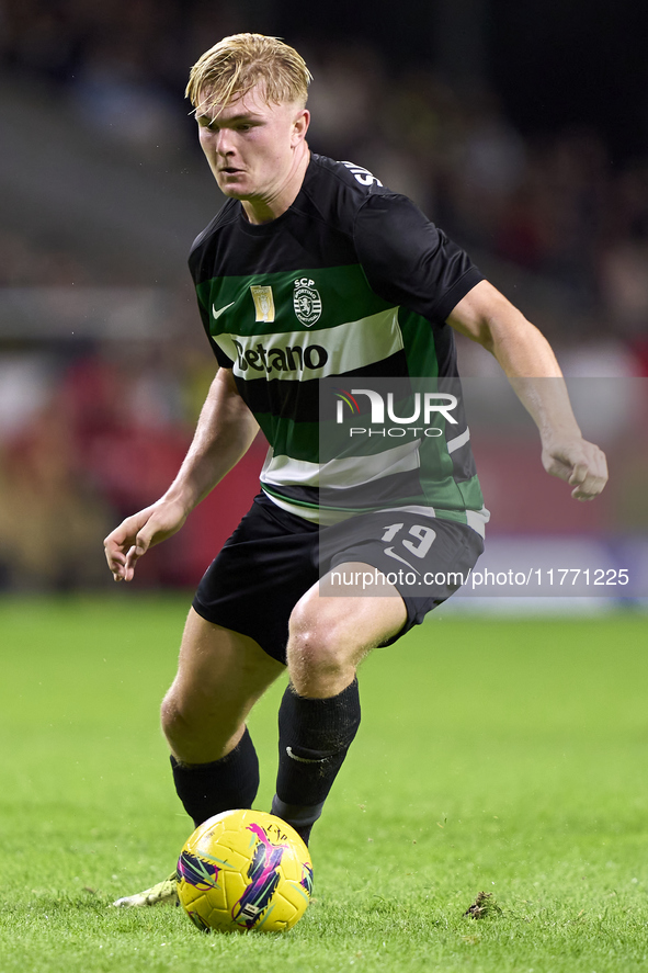 Conrad Harder of Sporting CP is in action during the Liga Portugal Betclic match between SC Braga and Sporting CP at Estadio Municipal de Br...