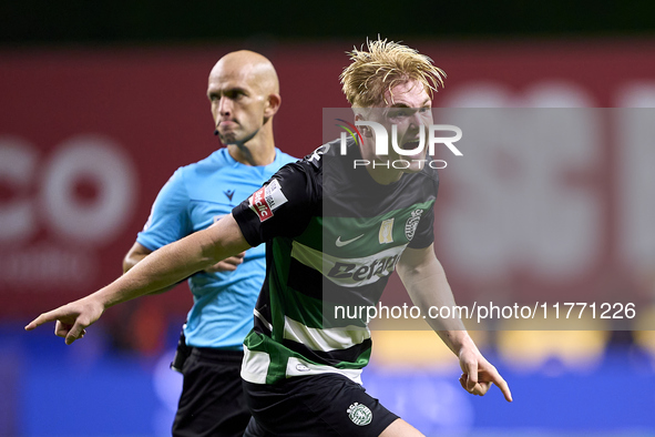 Conrad Harder of Sporting CP celebrates after he scores his team's third goal during the Liga Portugal Betclic match between SC Braga and Sp...