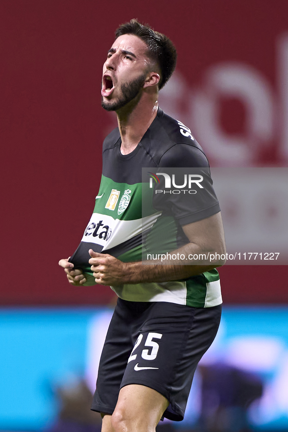 Goncalo Inacio of Sporting CP celebrates after Conrad Harder (not in frame) scores their side's fourth goal during the Liga Portugal Betclic...