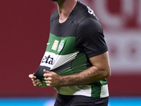 Goncalo Inacio of Sporting CP celebrates after Conrad Harder (not in frame) scores their side's fourth goal during the Liga Portugal Betclic...