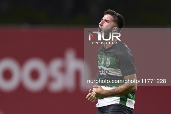 Goncalo Inacio of Sporting CP celebrates after Conrad Harder (not in frame) scores their side's fourth goal during the Liga Portugal Betclic...