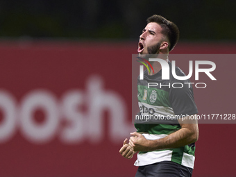 Goncalo Inacio of Sporting CP celebrates after Conrad Harder (not in frame) scores their side's fourth goal during the Liga Portugal Betclic...