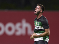 Goncalo Inacio of Sporting CP celebrates after Conrad Harder (not in frame) scores their side's fourth goal during the Liga Portugal Betclic...